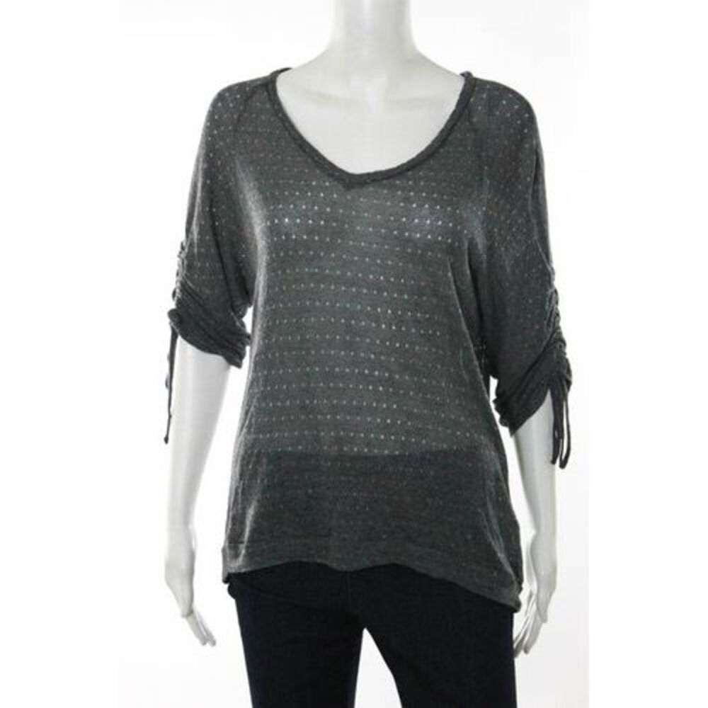 Ella Moss Gray Knit Print V-Neck Drawstring 3/4 Sleeve Sweater Size Medium